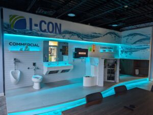 A custom trade show exhibit highlights a brand's products and an immersive customer experience.